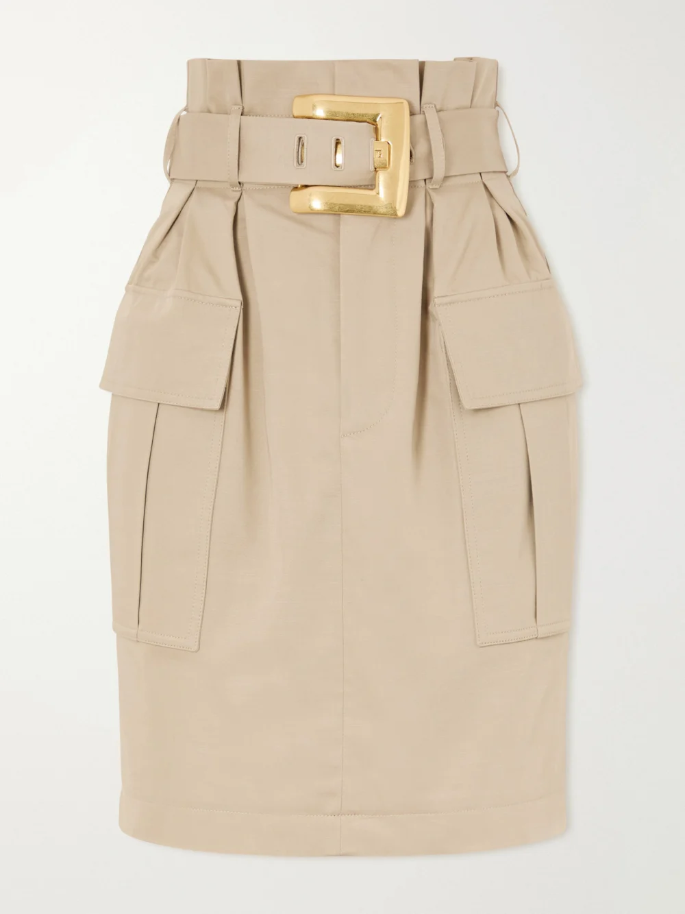 Balmain Belted Cotton-gabardine Midi Skirt in beige