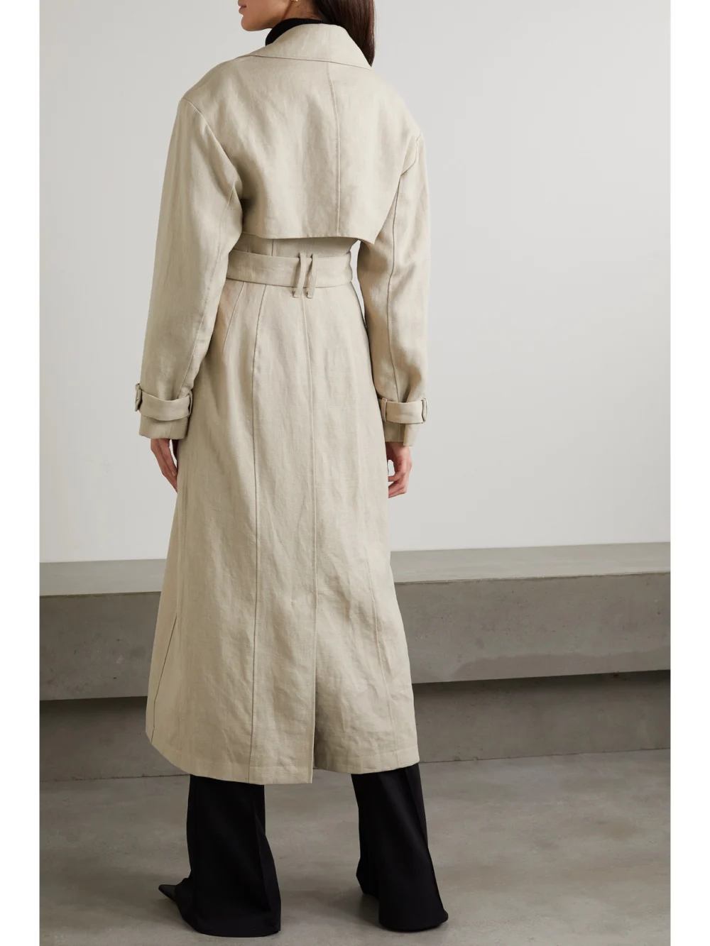 Back view of the Balmain Belted Double-breasted Linen-blend Trench Coat