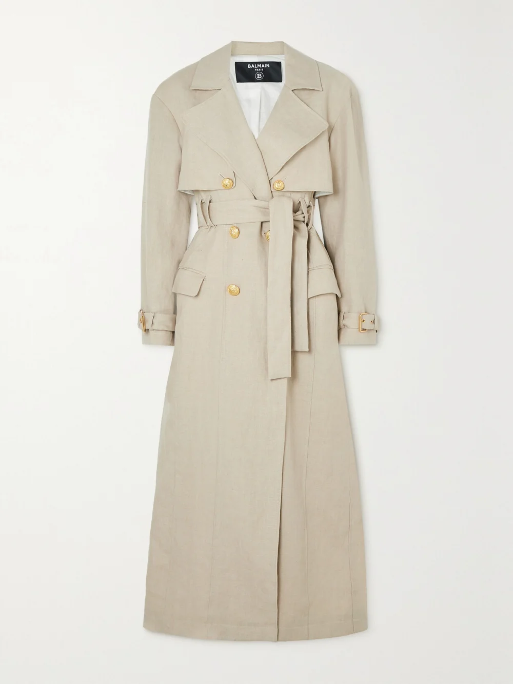 Balmain Belted Double-breasted Linen-blend Trench Coat in beige