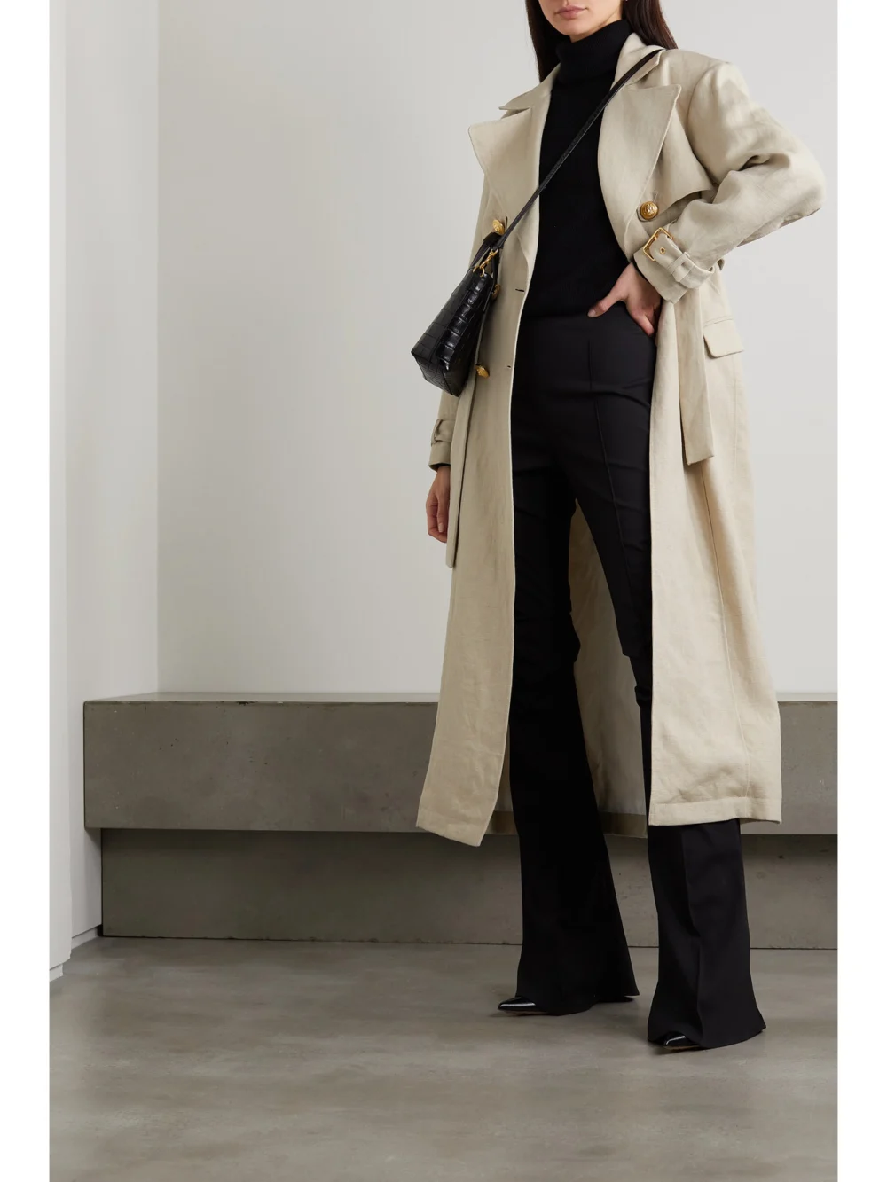 Balmain Belted Double-breasted Linen-blend Trench Coat, worn by a model