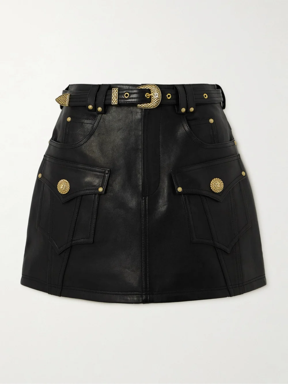 Balmain Belted Embellished Leather Mini Skirt in black