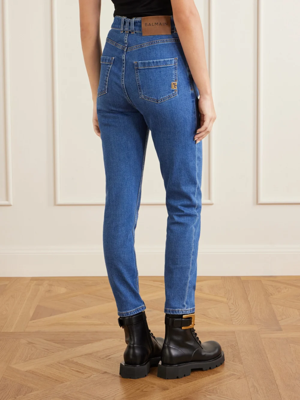 Back view of the Balmain Belted High-waist Straight-leg Jeans