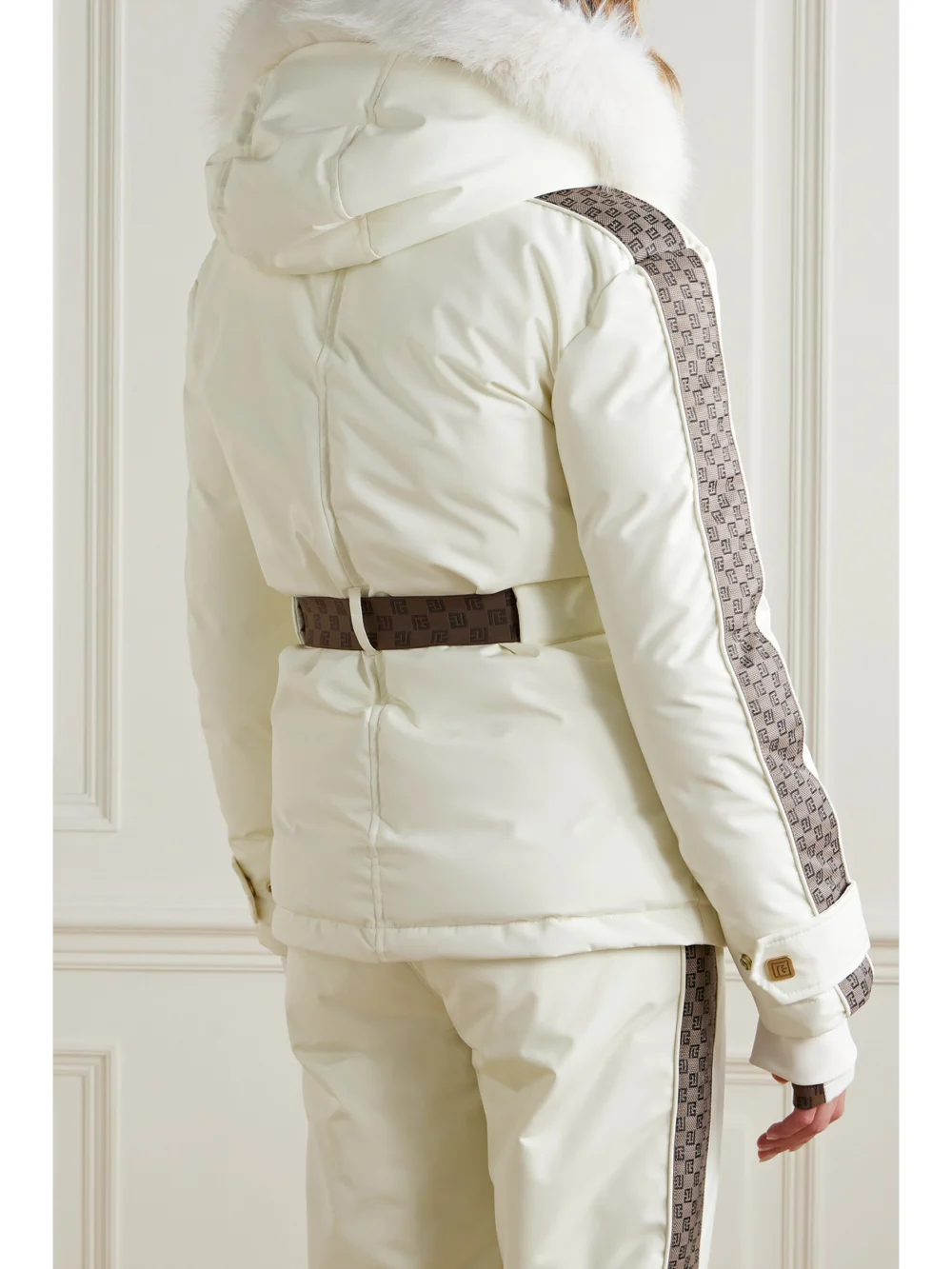 Back view of the Balmain Belted Hooded Faux Fur and Jacquard-trimmed Shell Ski Jacket