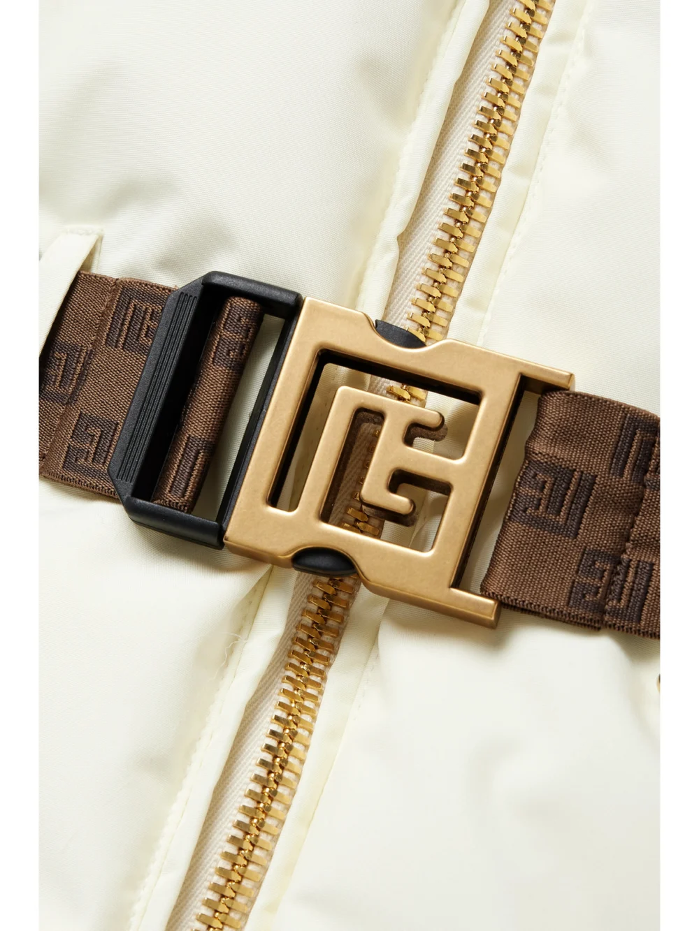 Close-up detail of the Balmain Belted Hooded Faux Fur and Jacquard-trimmed Shell Ski Jacket