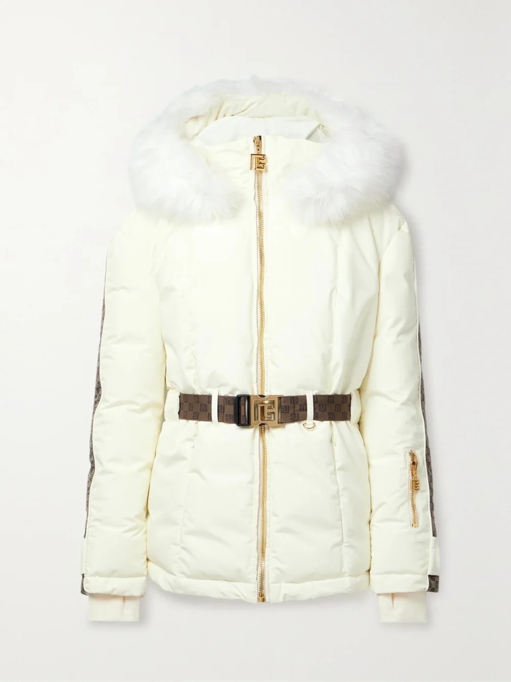 Balmain Belted Hooded Faux Fur and Jacquard-trimmed Shell Ski Jacket in ivory