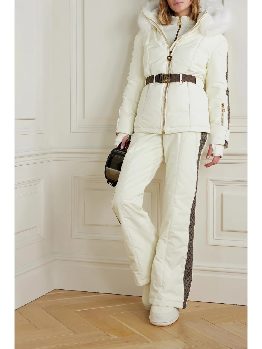 Balmain Belted Hooded Faux Fur and Jacquard-trimmed Shell Ski Jacket, worn by a model