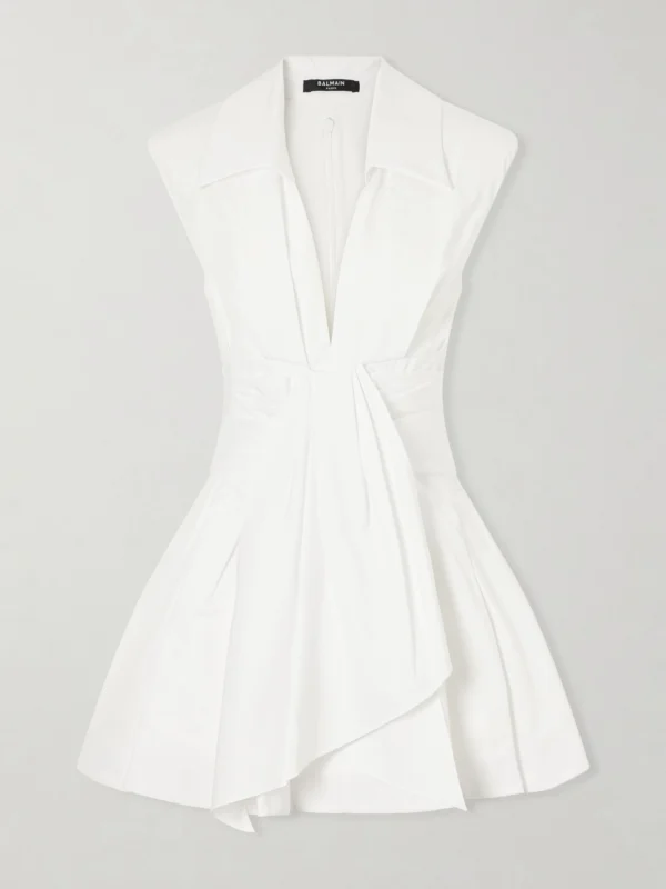 Balmain Belted Pleated Cotton-poplin Mini Dress