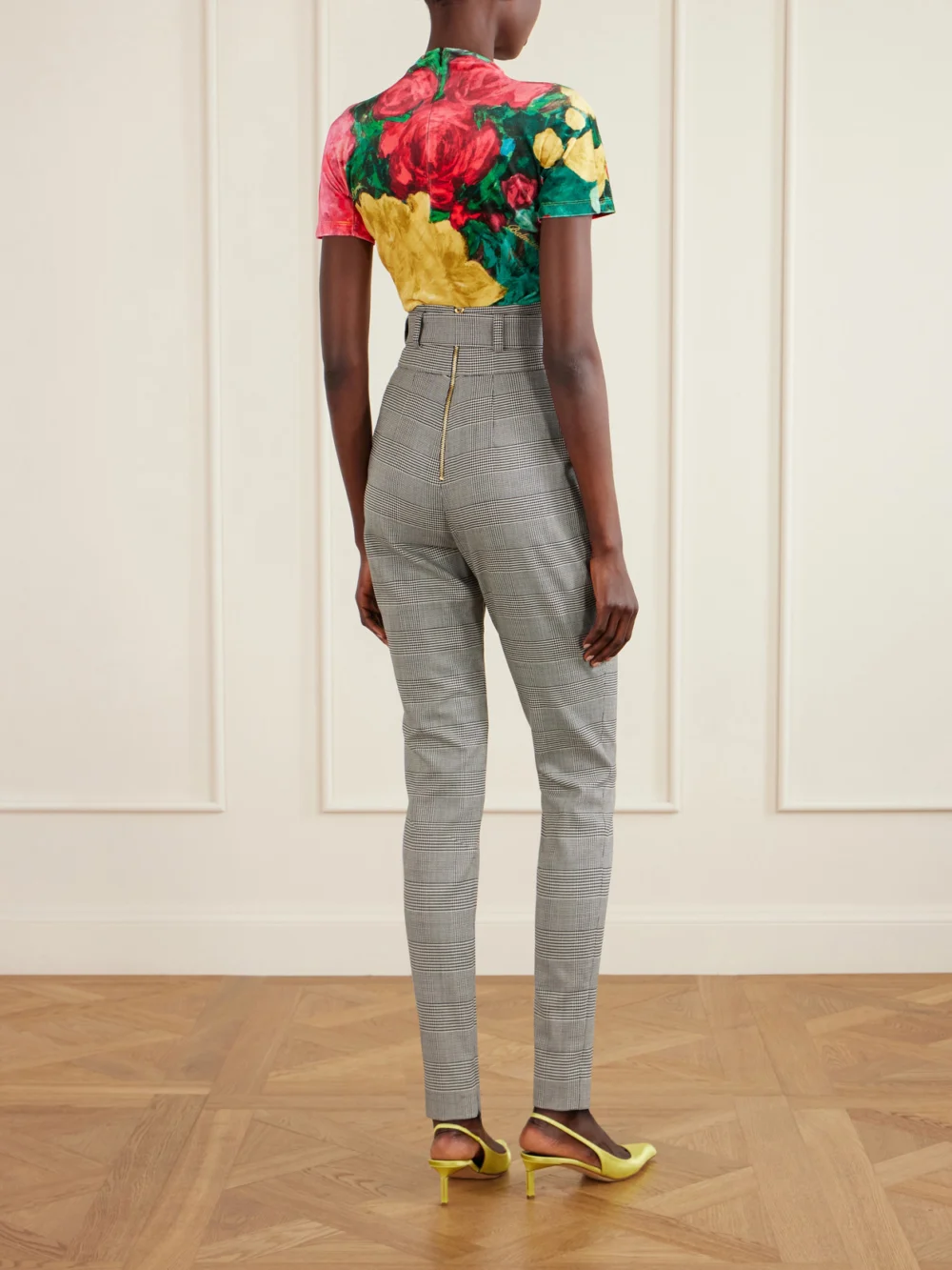 Back view of the Balmain Belted Prince of Wales Checked Wool-blend Skinny Pants