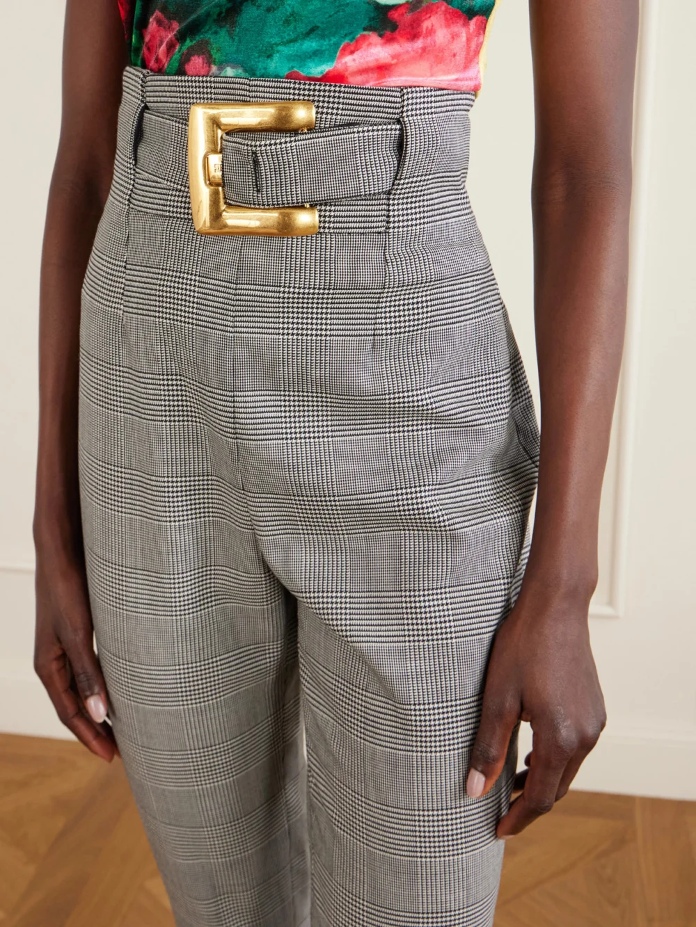 Close-up detail of the Balmain Belted Prince of Wales Checked Wool-blend Skinny Pants