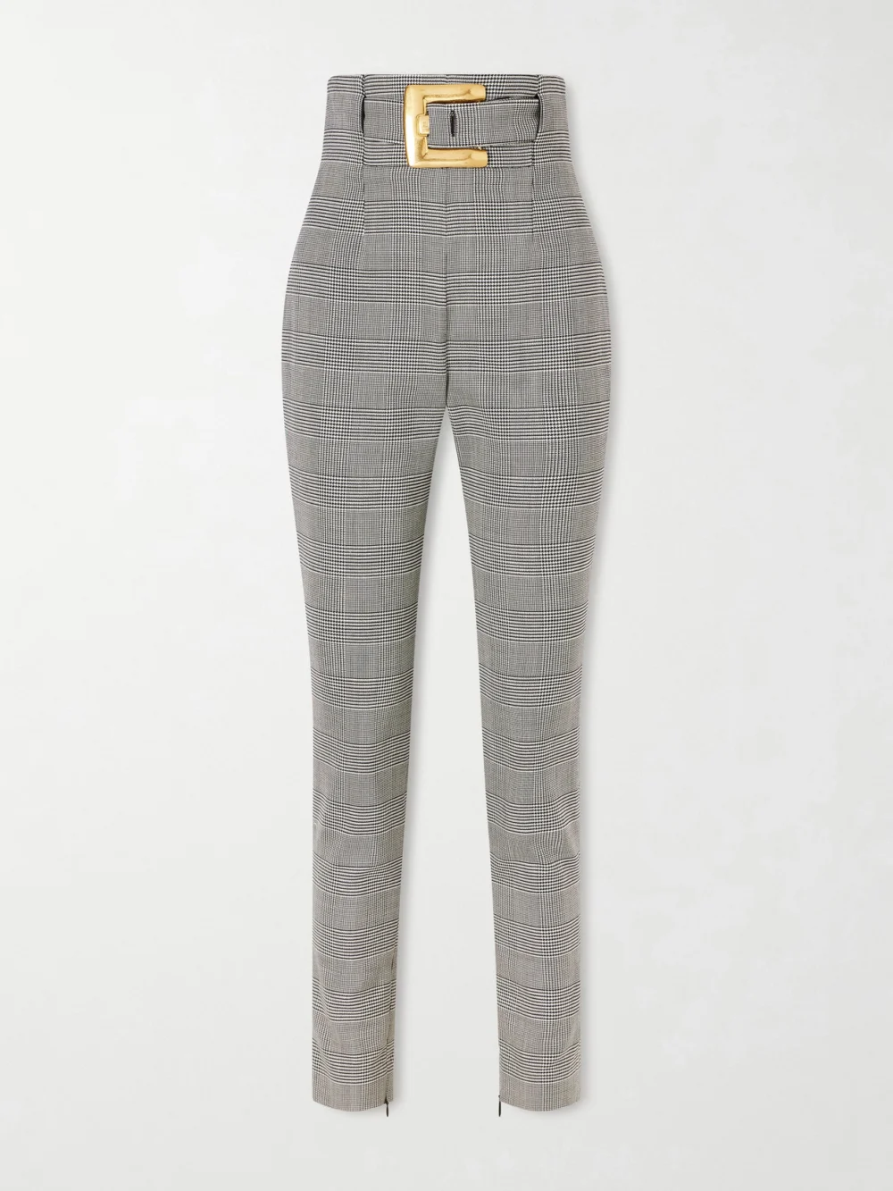 Balmain Belted Prince of Wales Checked Wool-blend Skinny Pants in black