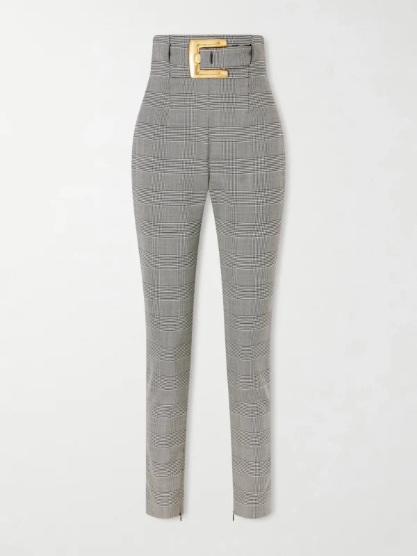 Balmain Belted Prince of Wales Checked Wool-blend Skinny Pants