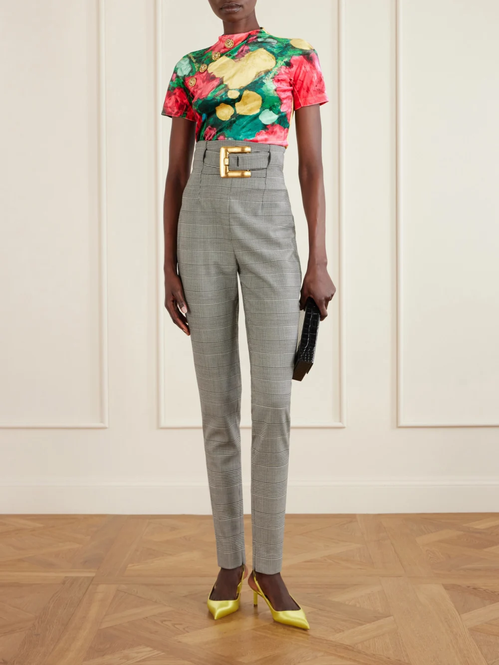 Balmain Belted Prince of Wales Checked Wool-blend Skinny Pants, worn by a model