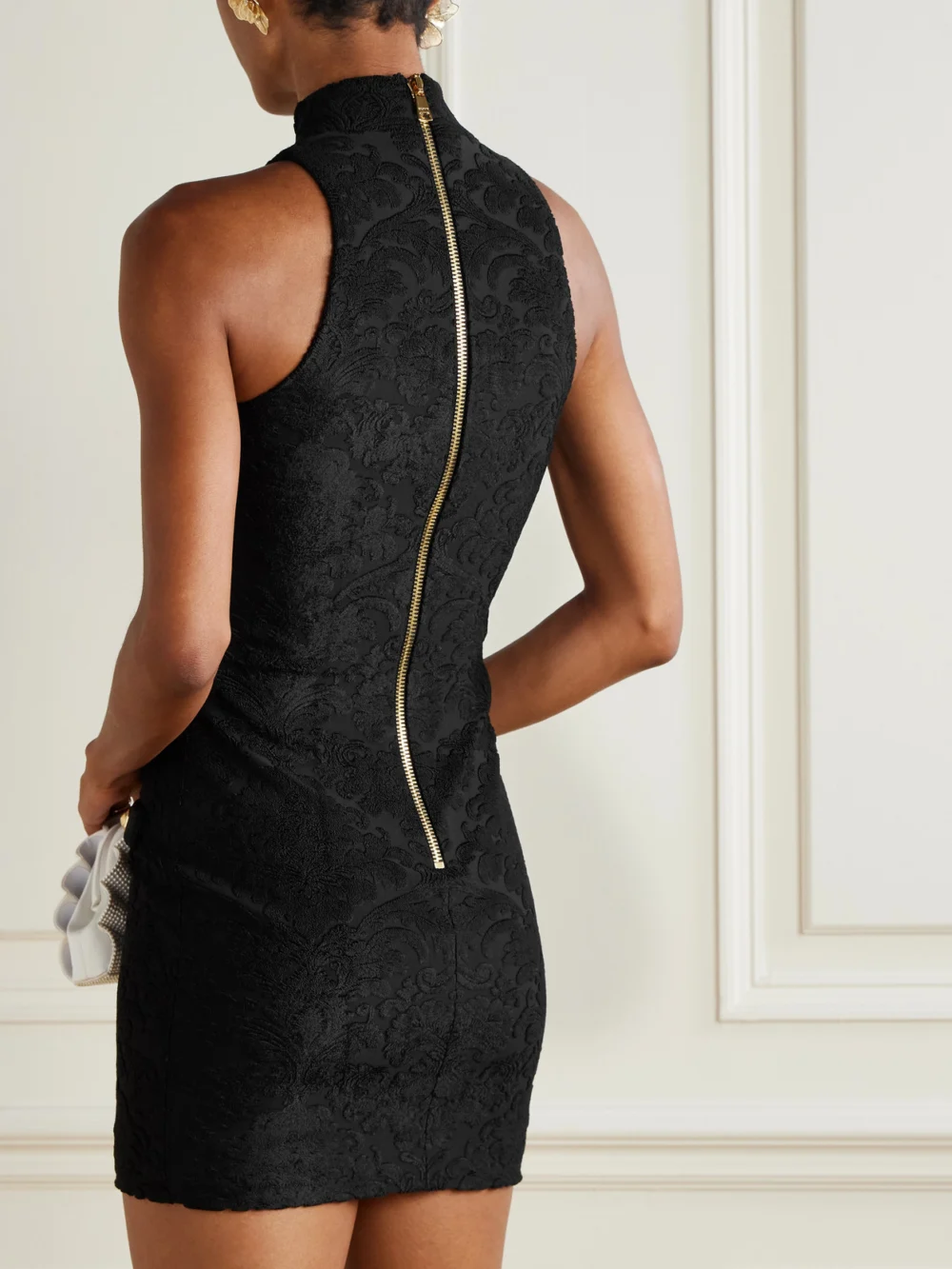 Back view of the Balmain Button-embellished Bouclé Jacquard-knit Mini Dress