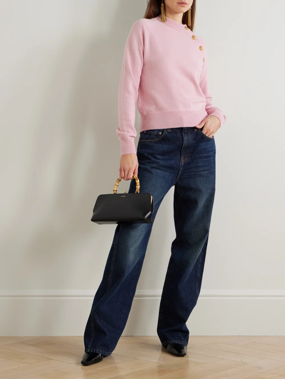 Balmain Button-embellished Cashmere and Wool-blend Sweater, worn by a model