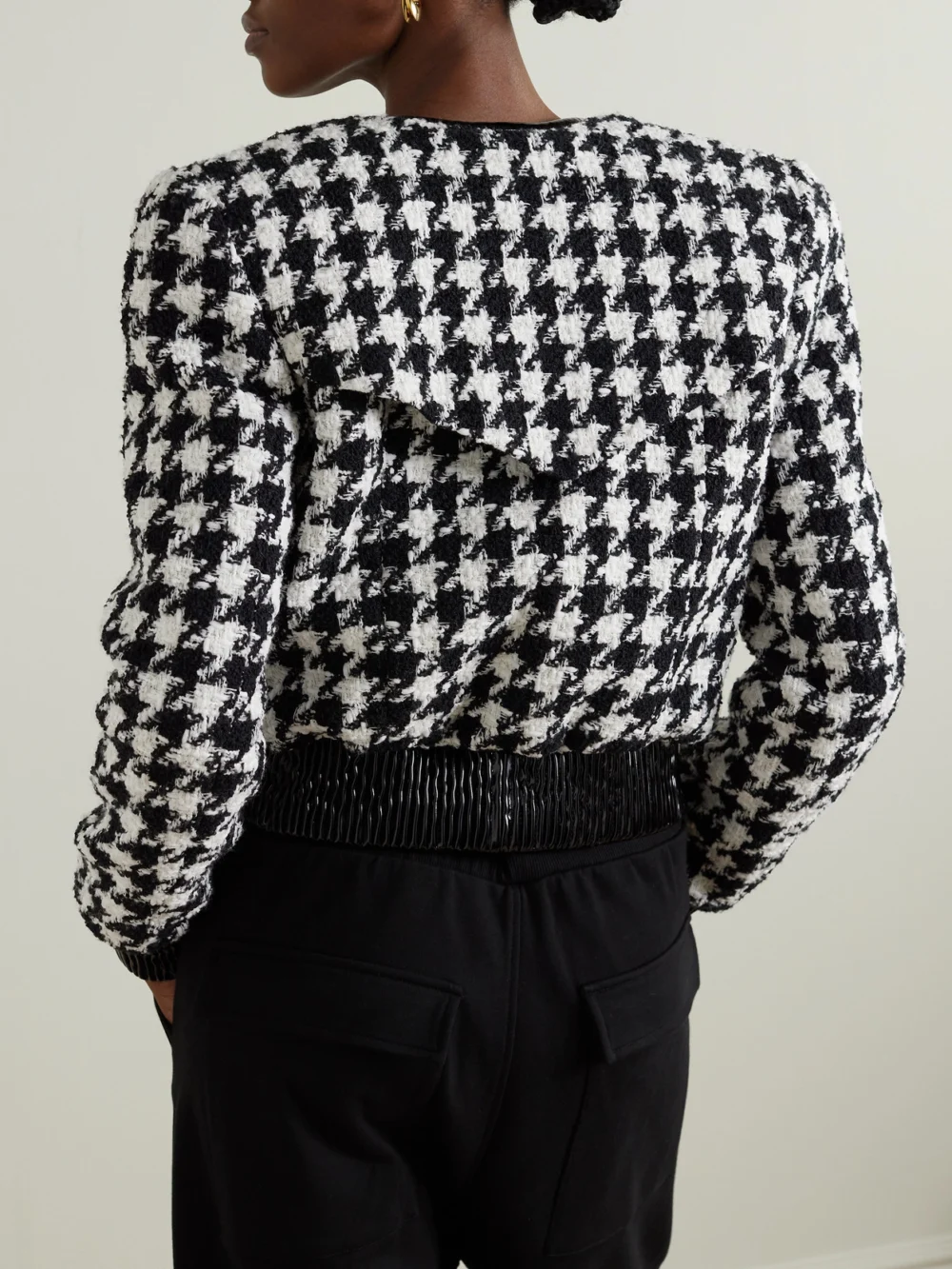 Back view of the Balmain Button-embellished Faux Patent Leather-trimmed Houndstooth Tweed Jacket