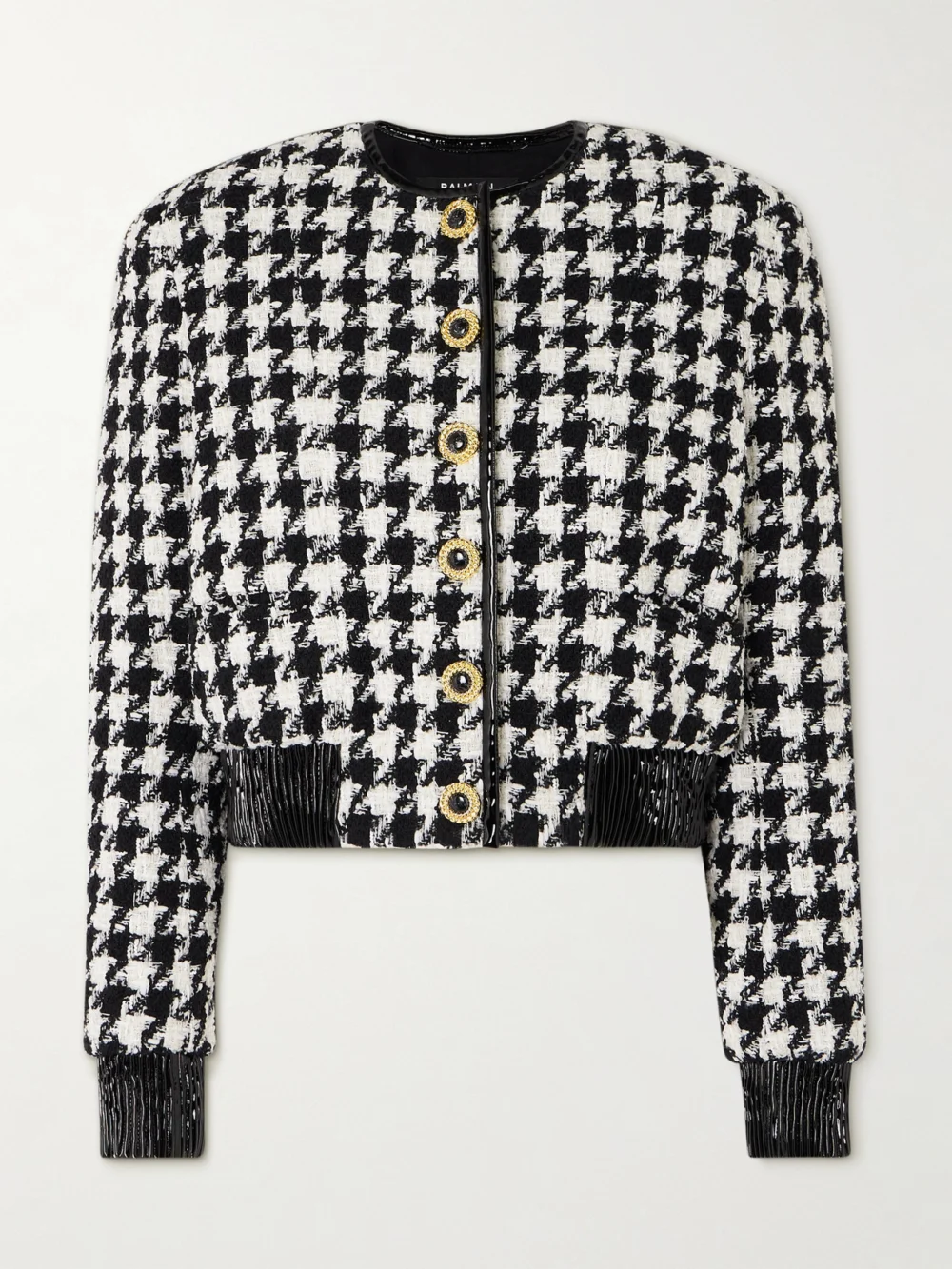 Balmain Button-embellished Faux Patent Leather-trimmed Houndstooth Tweed Jacket in black