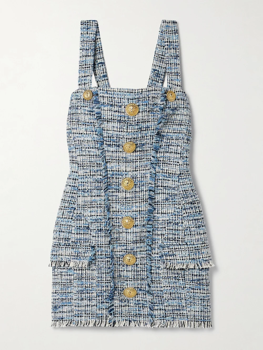 Balmain Button-embellished Frayed Cotton-blend Tweed Mini Dress in light blue