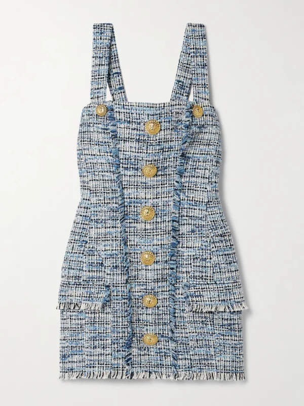 Balmain Button-embellished Frayed Cotton-blend Tweed Mini Dress