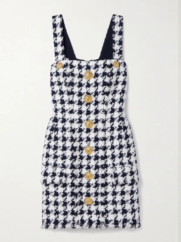 Balmain Button-embellished Frayed Tweed Mini Dress