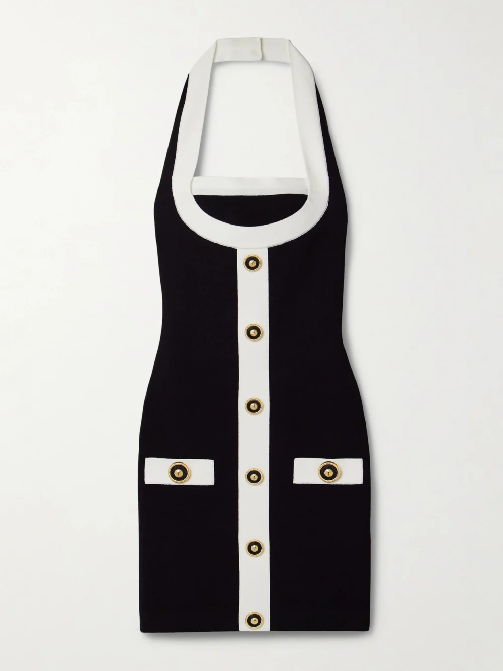Balmain Button-embellished Knitted Halterneck Mini Dress in black