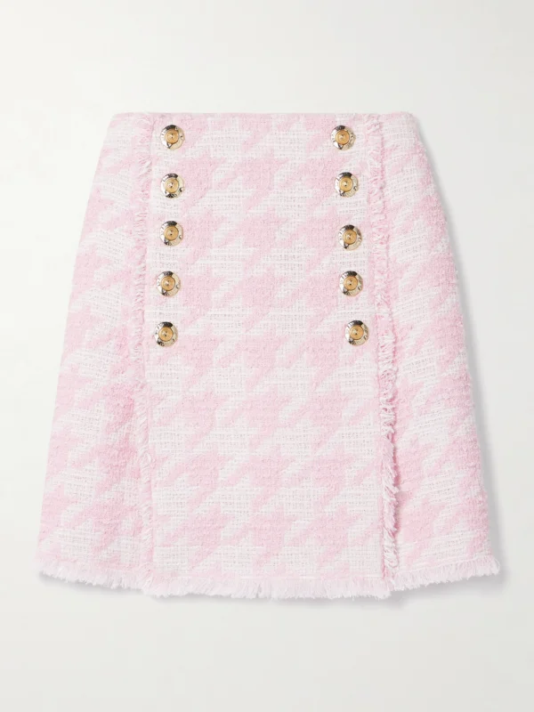 Balmain Button-embellished Pleated Checked Cotton-blend Tweed Mini Skirt