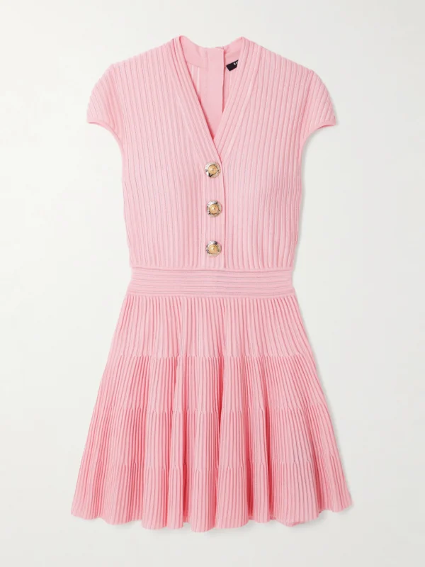 Balmain Button-embellished Ribbed-knit Mini Dress