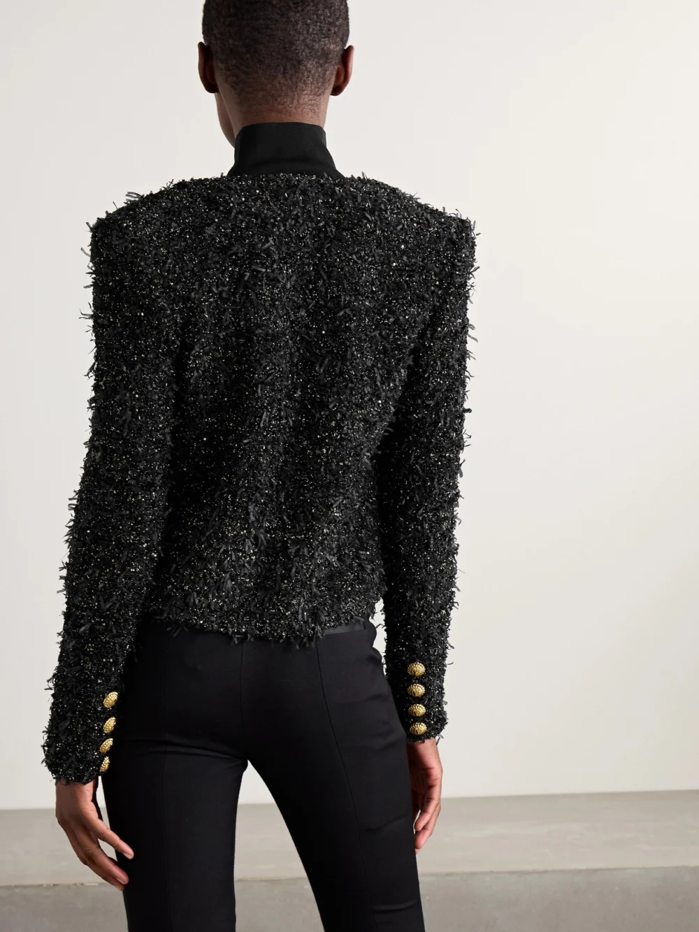 Back view of the Balmain Button-embellished Sequined Metallic Bouclé-tweed Jacket