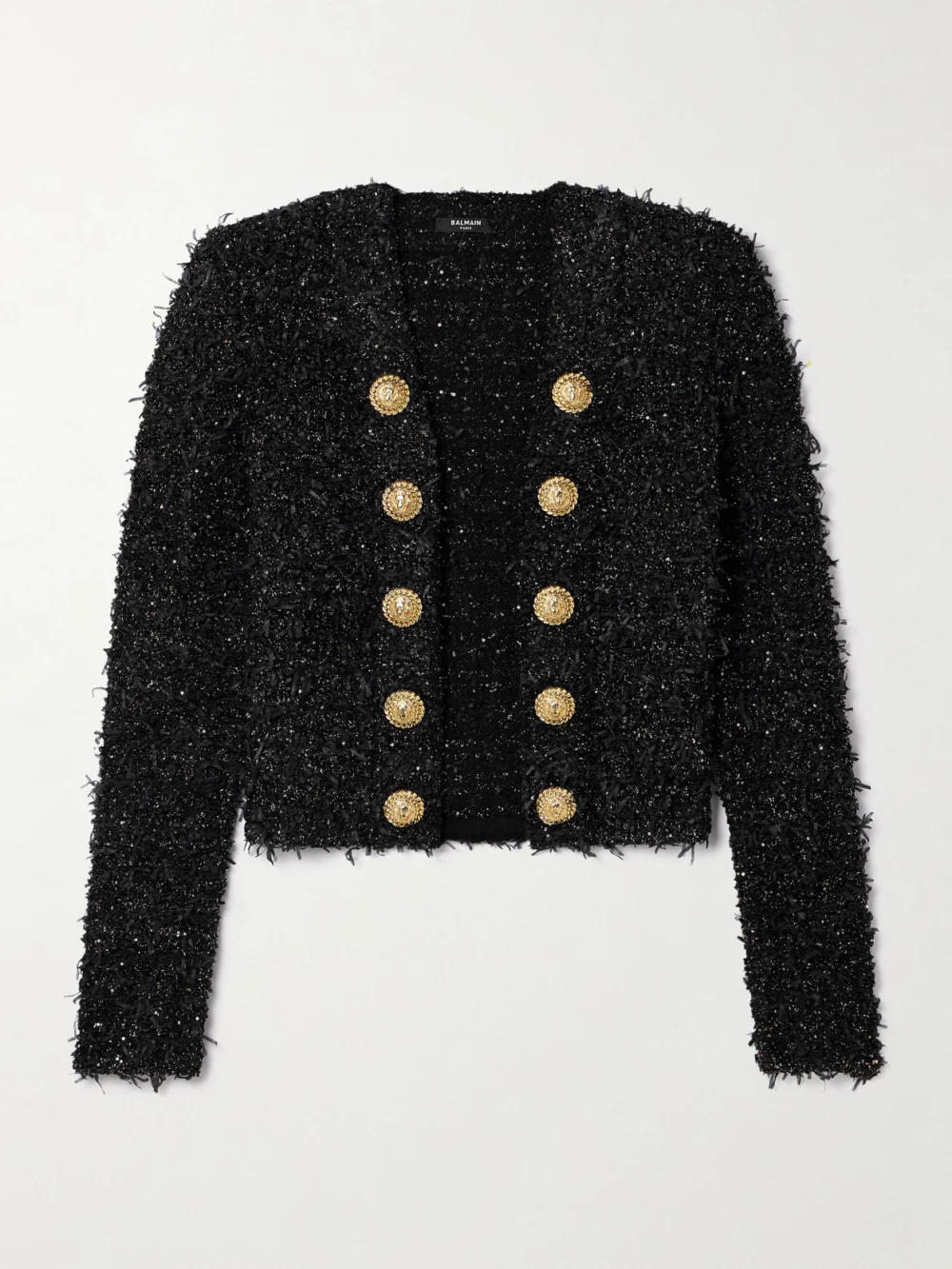 Balmain Button-embellished Sequined Metallic Bouclé-tweed Jacket in black