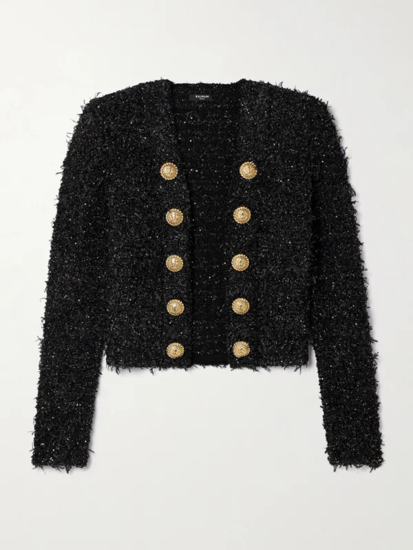 Balmain Button-embellished Sequined Metallic Bouclé-tweed Jacket