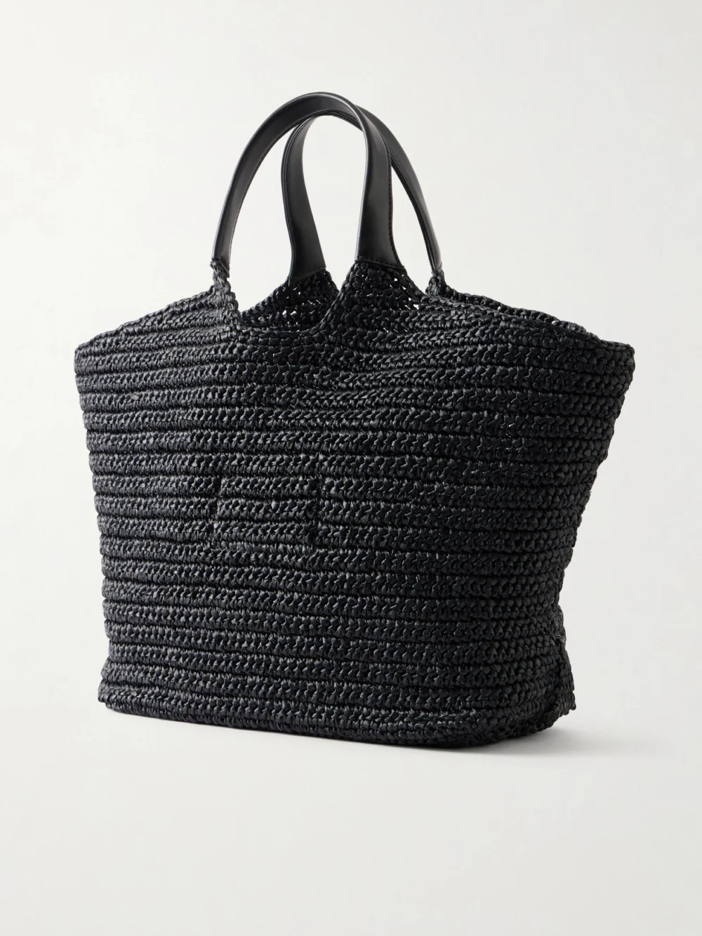 Back view of the Balmain Cabas Large Logo-embroidered Leather-trimmed Raffia Shoulder Bag