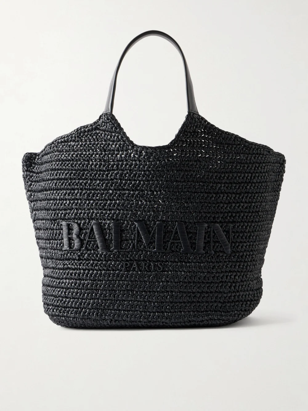 Balmain Cabas Large Logo-embroidered Leather-trimmed Raffia Shoulder Bag in black