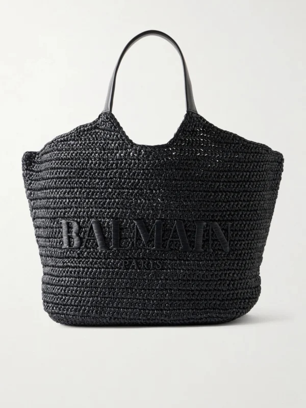 Balmain Cabas Large Logo-embroidered Leather-trimmed Raffia Shoulder Bag