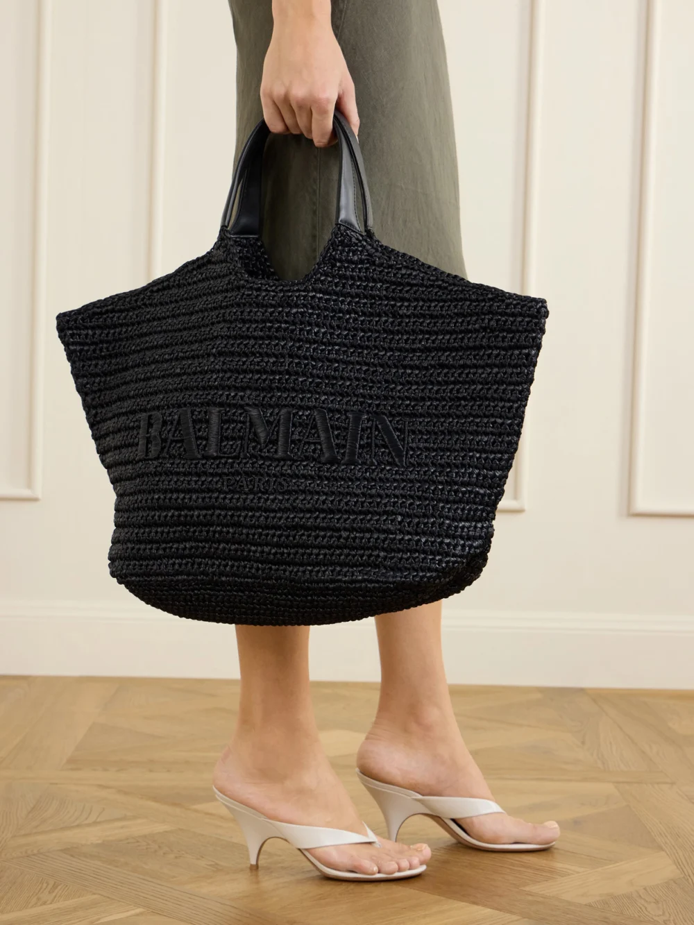 Balmain Cabas Large Logo-embroidered Leather-trimmed Raffia Shoulder Bag, styled view