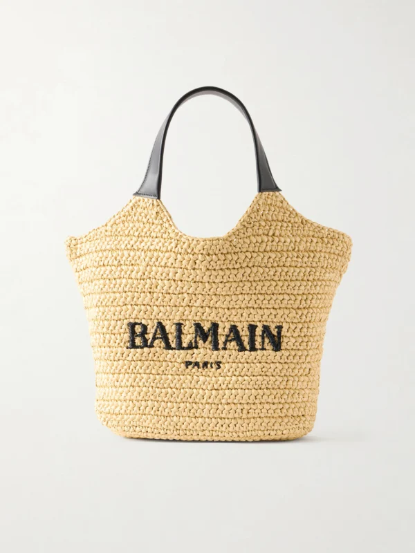 Balmain Cabas Mini Leather-trimmed Raffia Shoulder Bag