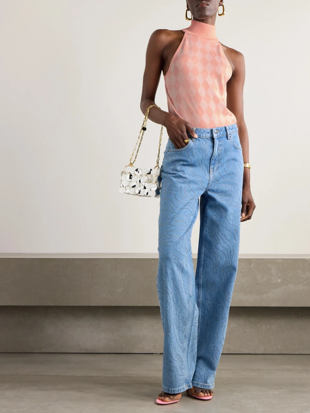 Balmain Checked Wool-blend Jacquard Turtleneck Top, worn by a model