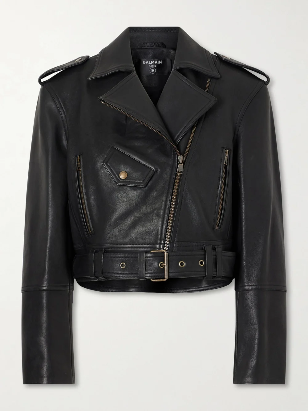 Balmain Cropped Belted Leather Biker Jacket in black