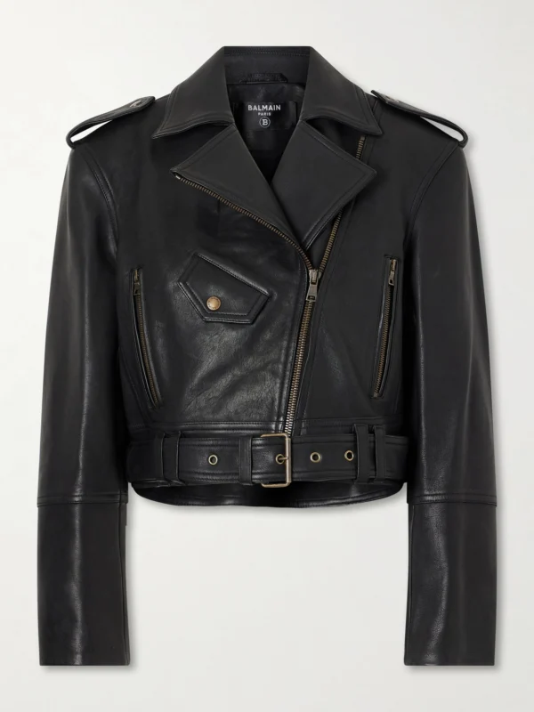 Balmain Cropped Belted Leather Biker Jacket