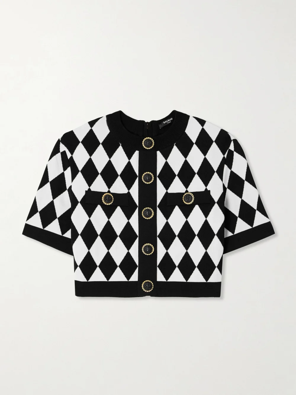 Balmain Cropped Button-embellished Jacquard-knit Top in white