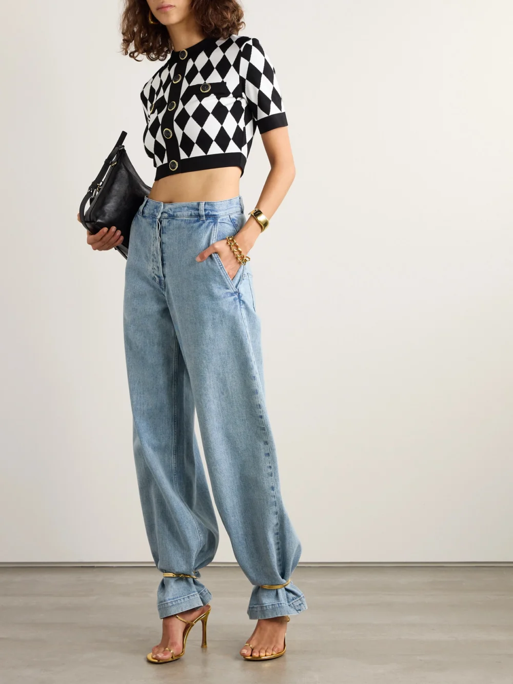 Balmain Cropped Button-embellished Jacquard-knit Top, worn by a model
