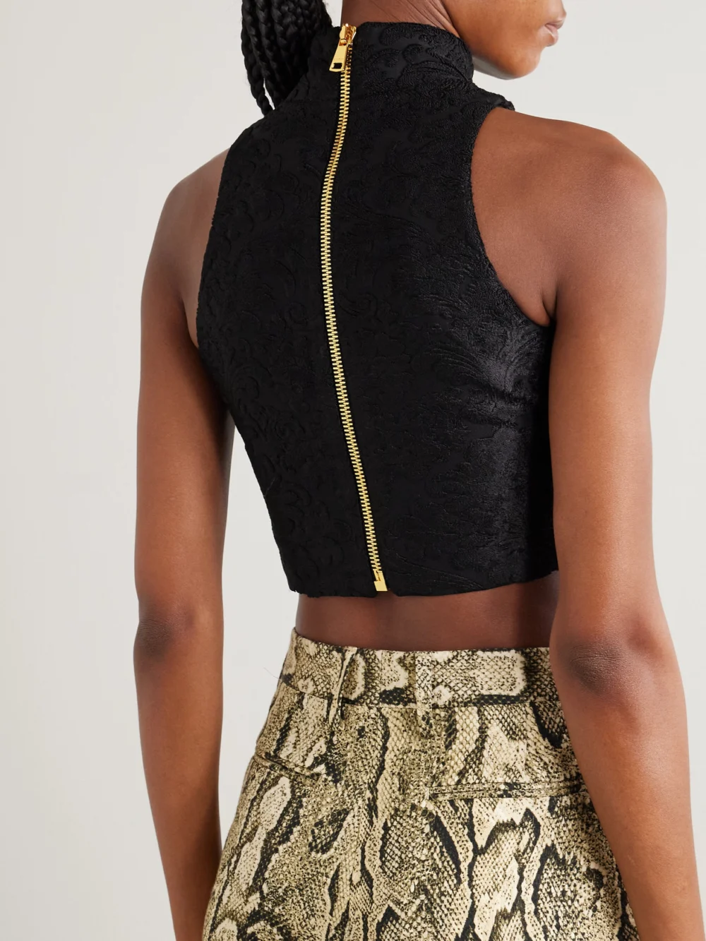 Back view of the Balmain Cropped Button-embellished Jacquard Top