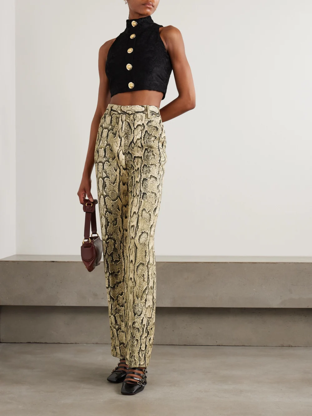 Balmain Cropped Button-embellished Jacquard Top, worn by a model