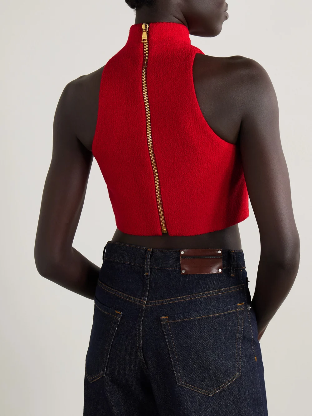 Back view of the Balmain Cropped Button-embellished Wool-blend Bouclé Top