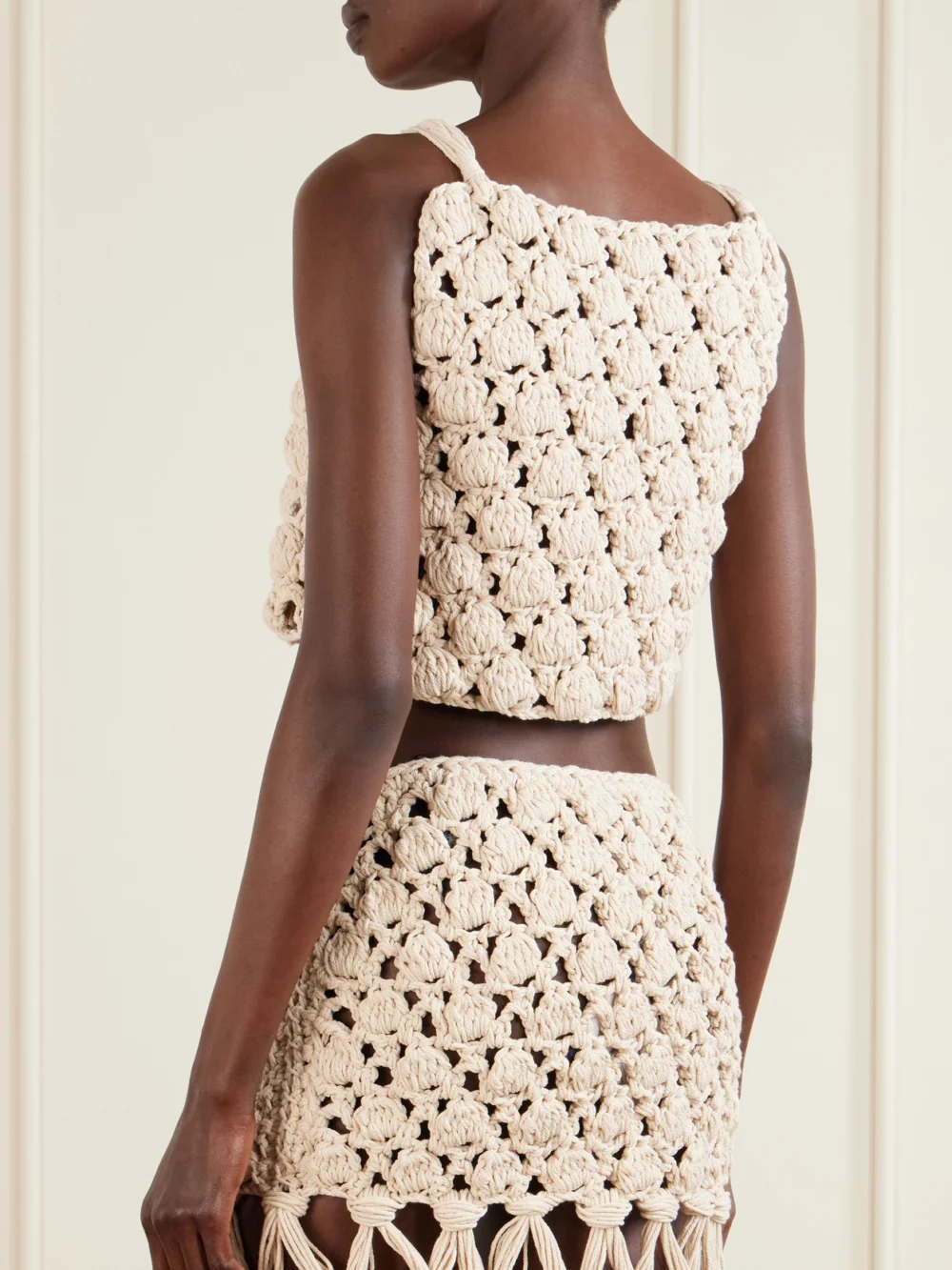 Back view of the Balmain Cropped Crochet Cotton Top
