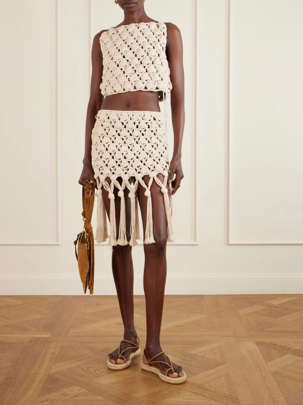 Balmain Cropped Crochet Cotton Top, worn by a model