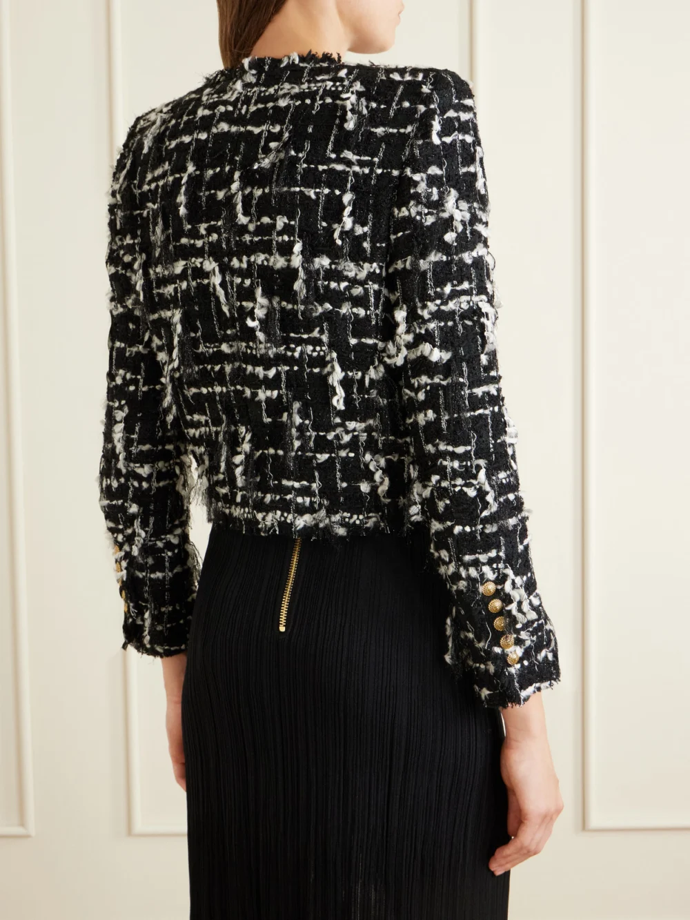 Back view of the Balmain Cropped Embellished Metallic Tweed Jacket