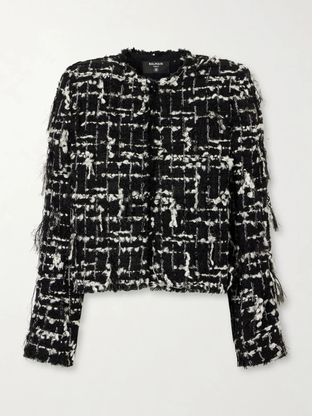 Balmain Cropped Embellished Metallic Tweed Jacket in black