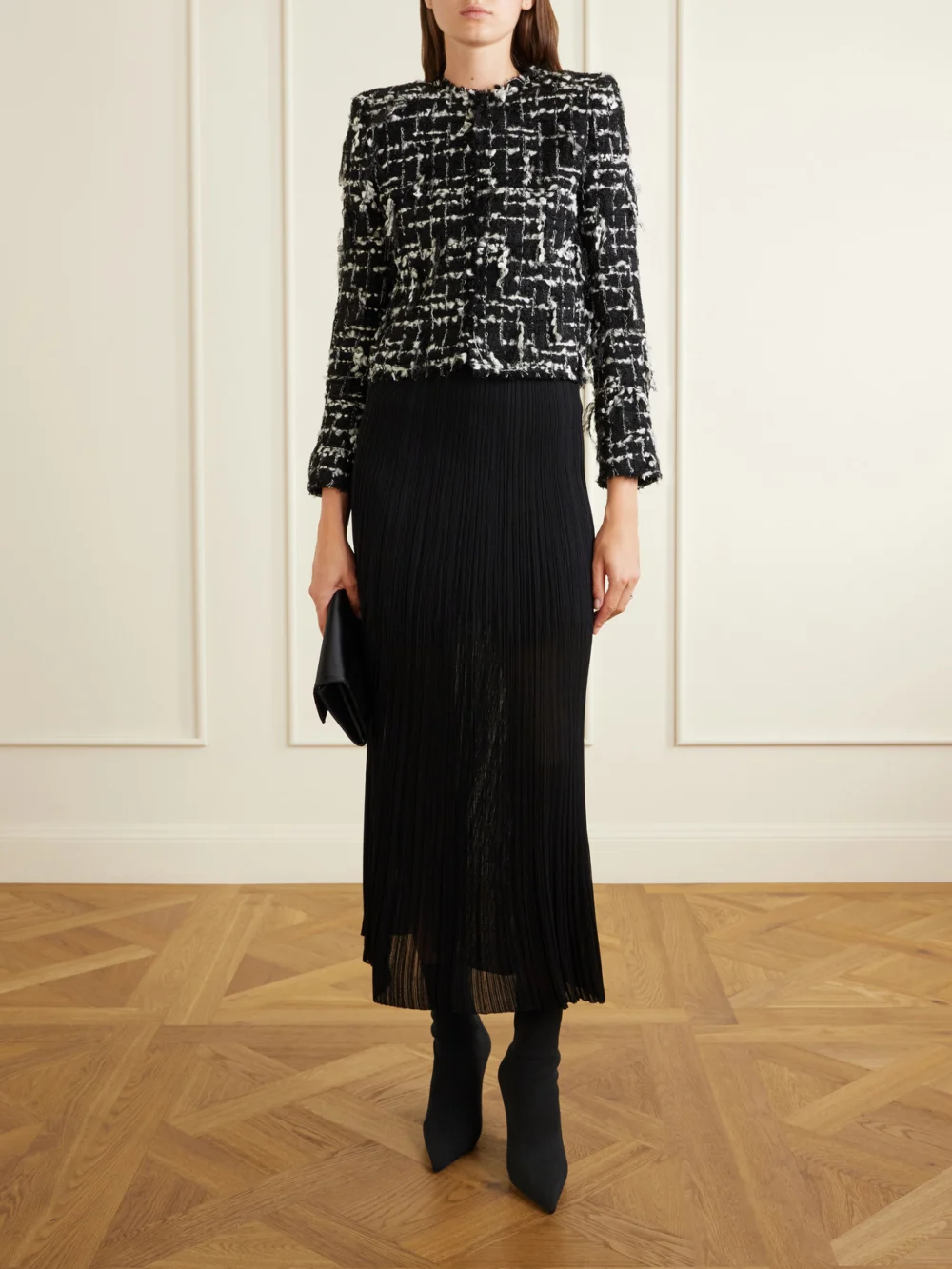Balmain Cropped Embellished Metallic Tweed Jacket, worn by a model