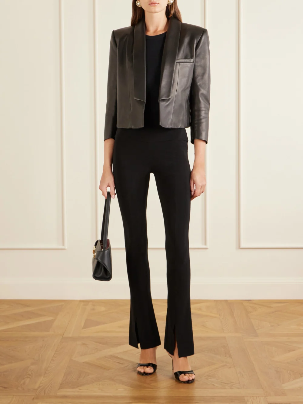 Balmain Cropped Leather Biker Jacket, worn by a model
