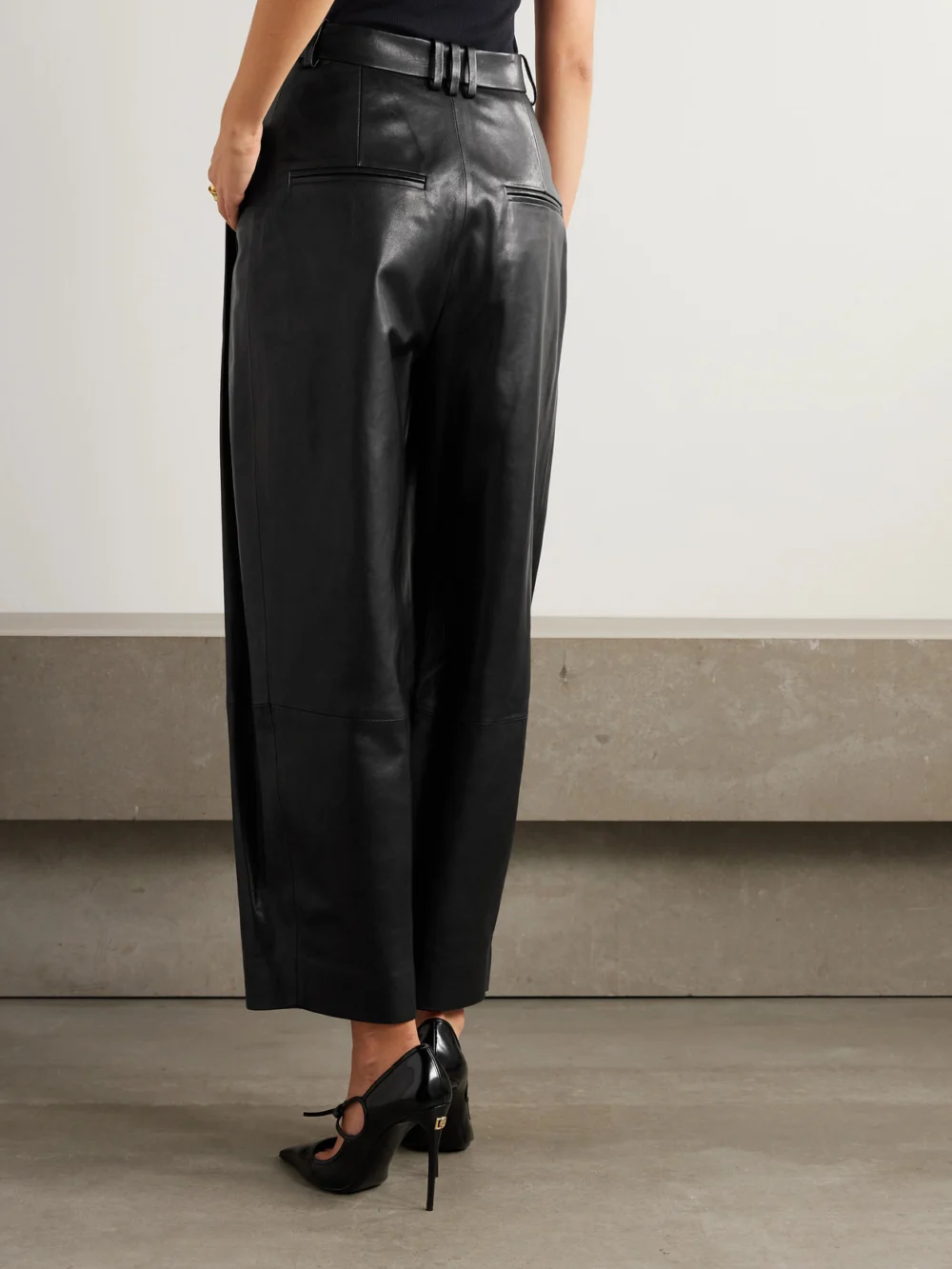 Back view of the Balmain Cropped Pleated Leather Wide-leg Pants