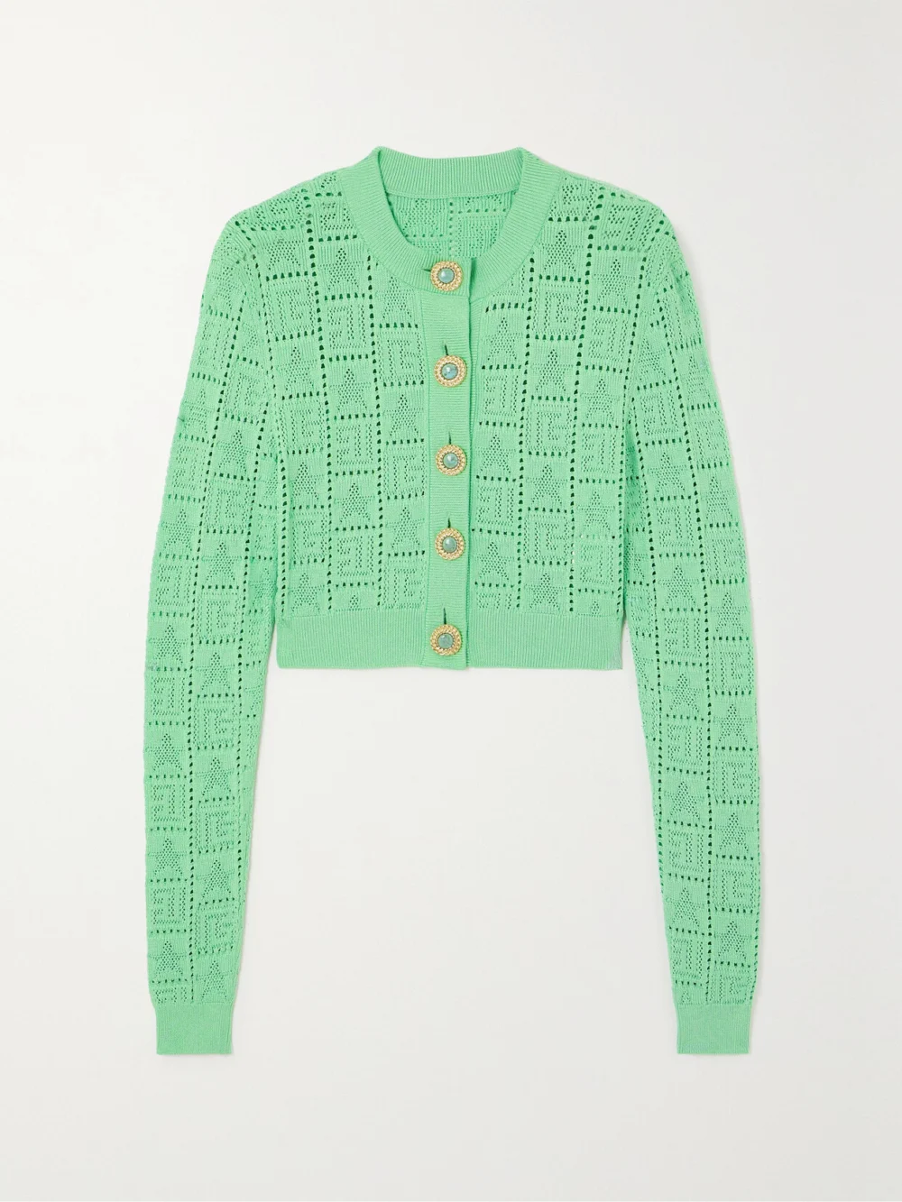 Balmain Cropped Pointelle-knit Cardigan in turquoise